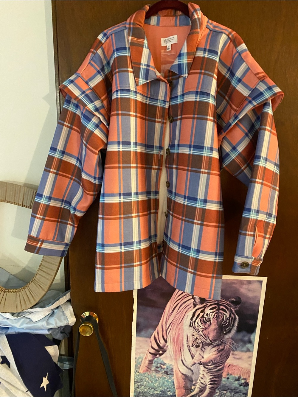 Candace Cameron Bure Plaid Button-Up in Coral & Blue